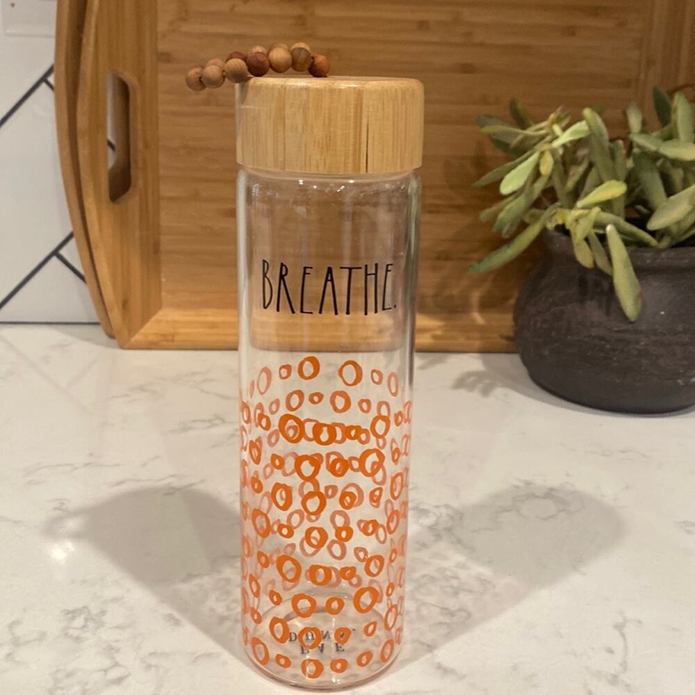 Rae Dunn Rae Dunn BREATHE Glass Water Bottle 22oz Bamboo Lid Beaded Loop
